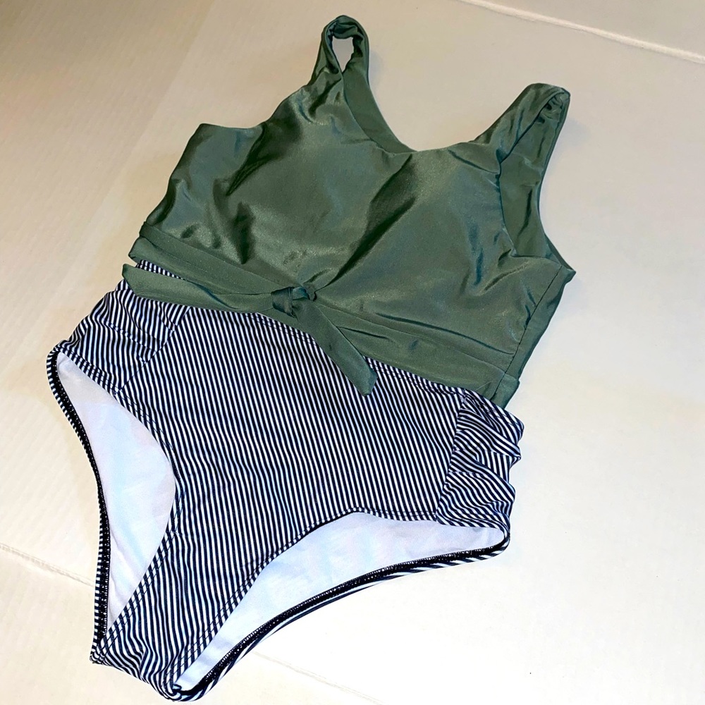 High Waisted Bathing Suits Women 2 Piece High Neck Bow Knot Modest Swimsuits Med